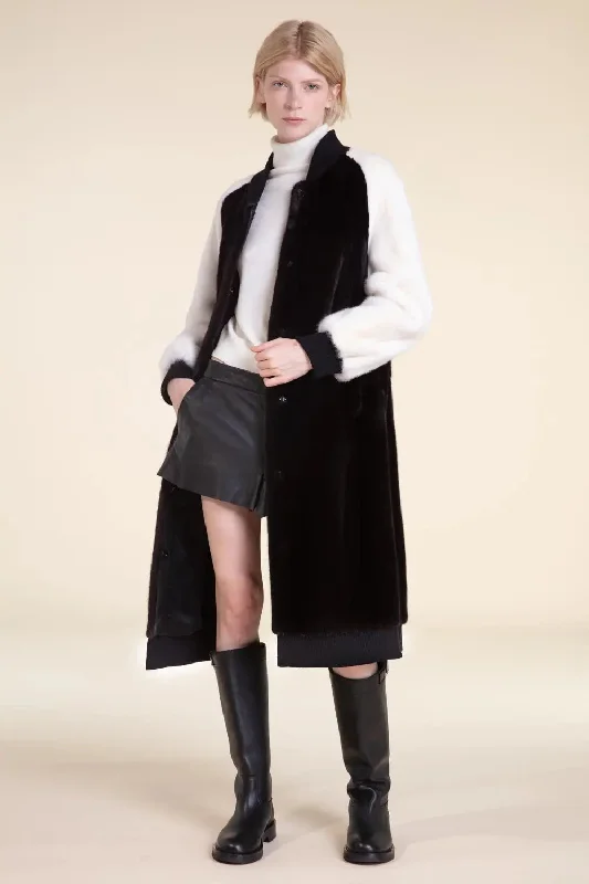Black and white mink coat Double-Breasted Long Coat
