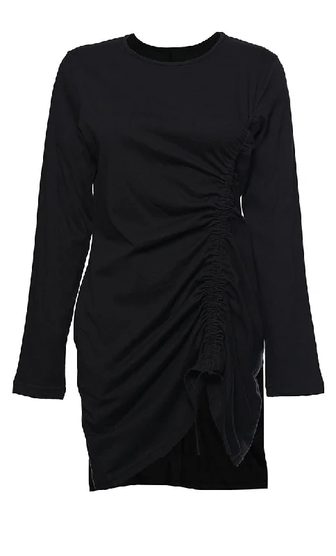 Everyday Wear Basic Black Ruched Detailing Tunic Bohemian Knit Overcoat