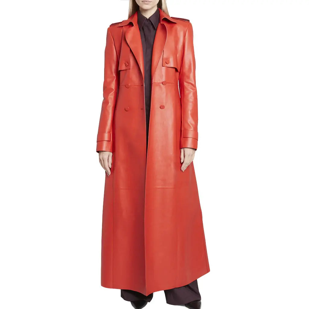 Ladies Red Belted Leather Trench Coat High-Fashion Maxi Coat
