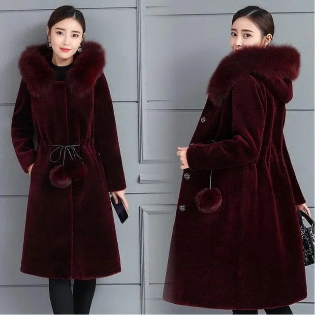 LUGENTOLO Women's Fine Fashion Elegant Burgundy Red Faux Fur Coat Jacket With Hoody & Tassel Pom-Pom Lightweight Autumn Coat