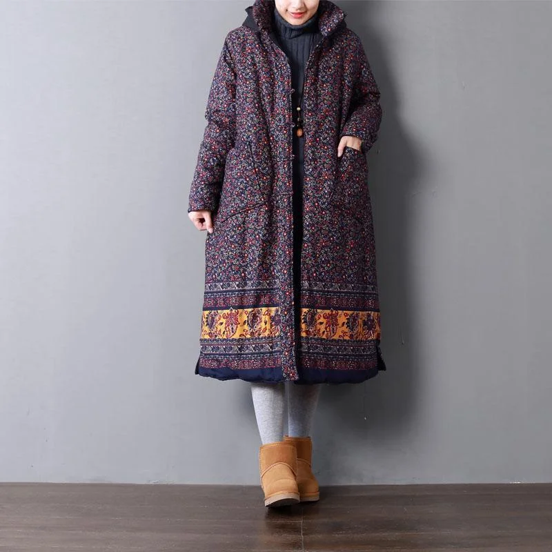 Luxury blue print plus size hooded Casual pockets Button Down winter outwear Houndstooth Pattern Overcoat Luxury blue print plus size hooded Casual pockets Button Down winter outwear Houndstooth Pattern Overcoat