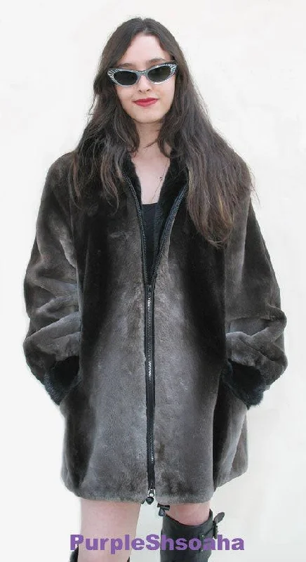 Phantom Sheared Beaver Fur Coat/Bomber M Elegant Cape Overcoat
