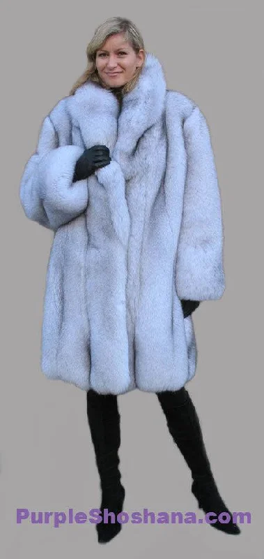 Plush Blue Fox Fur Coat Stroller M/L Stylish Trench Overcoat