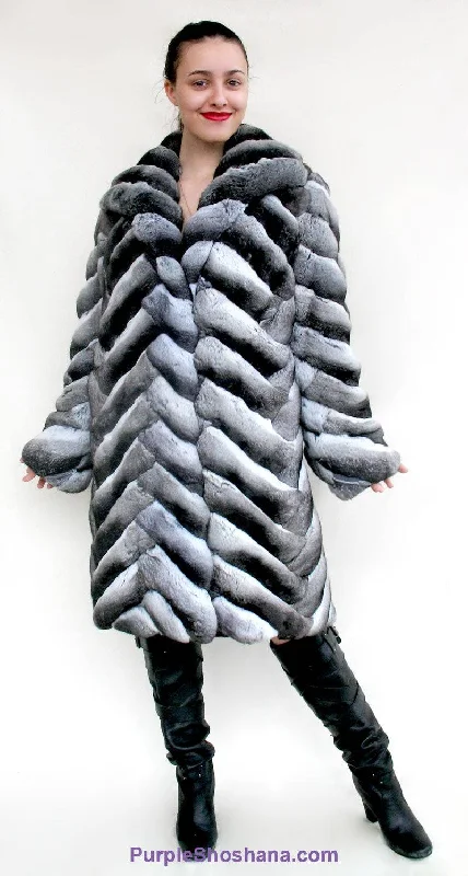 Stunning Black Velvet Genuine Chinchilla Fur Coat S/M Cozy Cashmere Overcoat