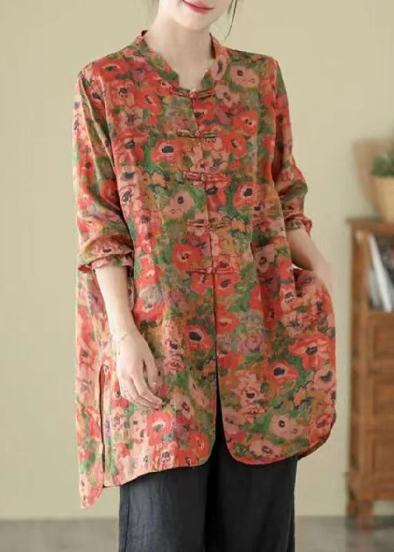 Vintage Stand Collar Chinese Button Print Linen Shirts Coat Long Sleeve Plush Teddy Overcoat Vintage Stand Collar Chinese Button Print Linen Shirts Coat Long Sleeve Plush Teddy Overcoat