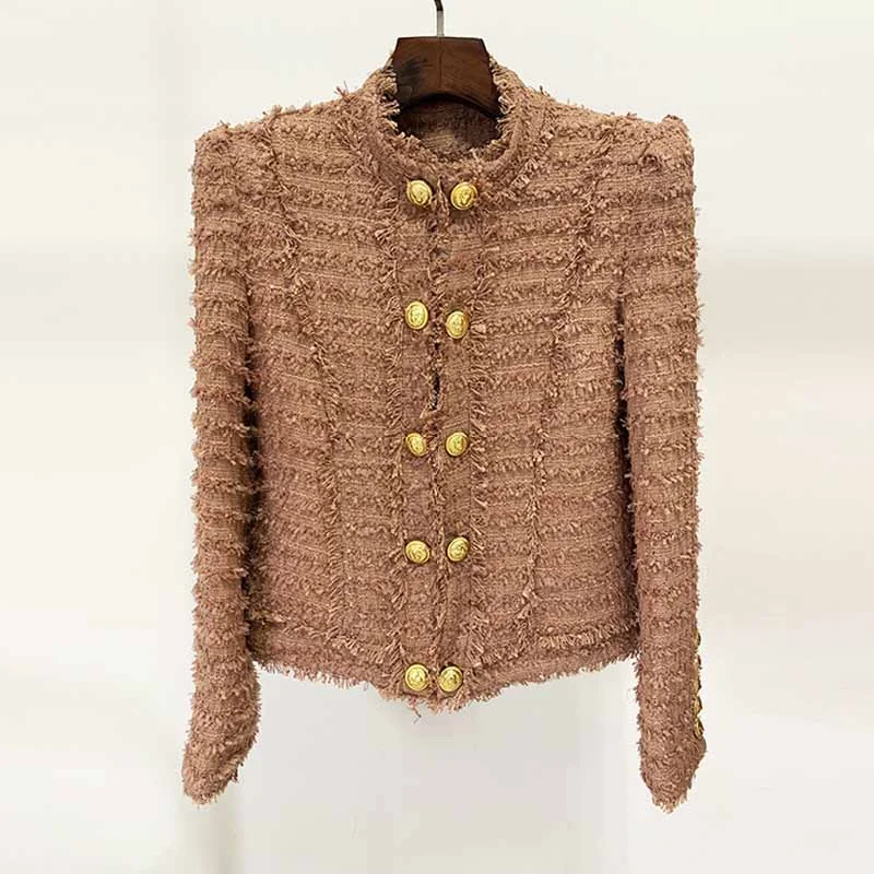 Women Stand Collar Golden Buttons Camel Fringe Tweed Jacket Blazer Padded Wool Overcoat