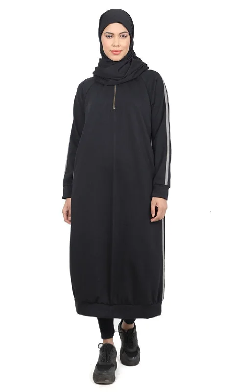 Women's Black Fleece Long Tunic With Side Contrasted Panel And Pockets Lapel-Free Sleek Coat Women's Black Fleece Long Tunic With Side Contrasted Panel And Pockets Lapel-Free Sleek Coat