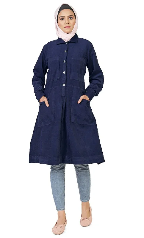 Women's Islamic Warm Corduroy Collar Button Navy Long Tunic Double-Breasted Fleece Coat