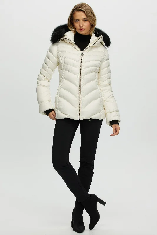 Après-Ski Jacket with Detachable Toscana Shearling Lamb Hood Trim Bold Color Block Coat