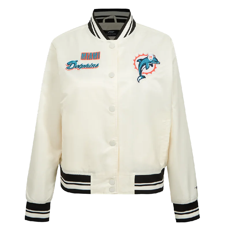 NFL MIAMI DOLPHINS RETRO CLASSIC WOMEN'S RIB SATIN JCKET (EGGSHELL/BLACK) Casual Denim Jacket NFL MIAMI DOLPHINS RETRO CLASSIC WOMEN'S RIB SATIN JCKET (EGGSHELL/BLACK) Casual Denim Jacket