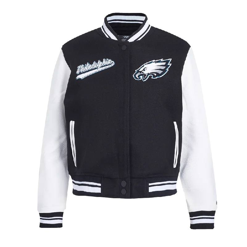 NFL PHILADELPHIA EAGLES SCRIPT TAIL WOMEN'S WOOL VARSITY JACKET (BLACK/WHITE) Luxe Satin Long Coat NFL PHILADELPHIA EAGLES SCRIPT TAIL WOMEN'S WOOL VARSITY JACKET (BLACK/WHITE) Luxe Satin Long Coat