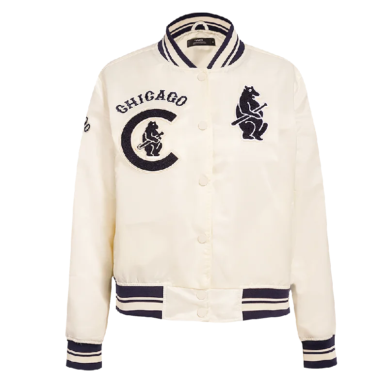 MLB CHICAGO CUBS RETRO CLASSIC WOMEN'S RIB SATIN JACKET (EGGSHELL/ MIDNIGHT NAVY) Bold Color Block Coat