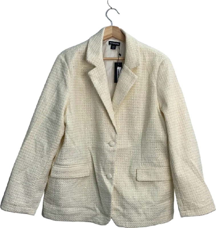 PrettyLittleThing White Glitter Textured Oversized Blazer UK 10 Functional Travel Jacket