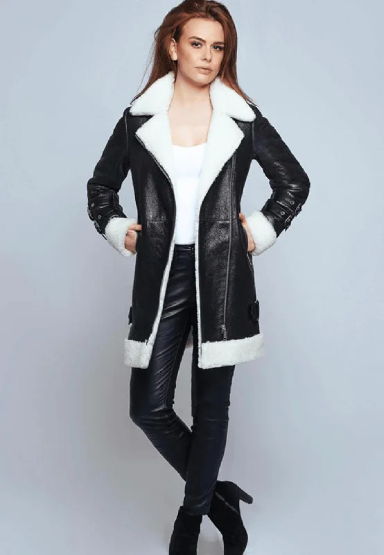 Women’s Black Leather White Shearling Long Coat Waterproof Rain Jacket