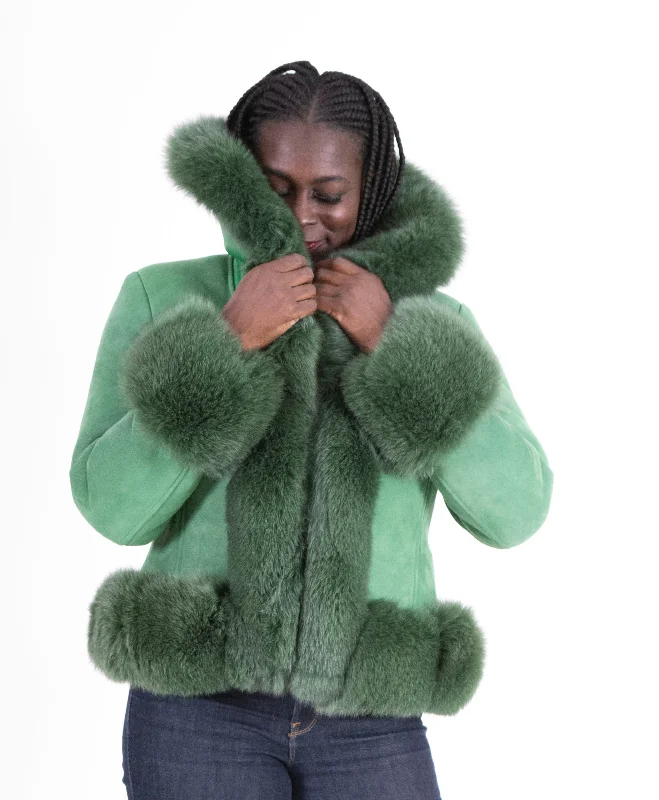 Women Sheepskin Jacket with Fur trimming Style #1086 Ruched Sleeve Blazer