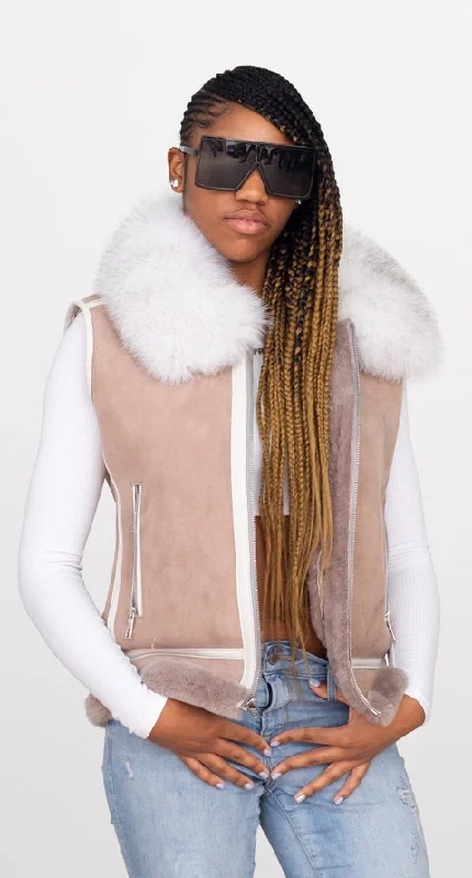 Women Sheepskin Vest with Fox Fur Collar Style #1057 Stylish Bomber Jacket