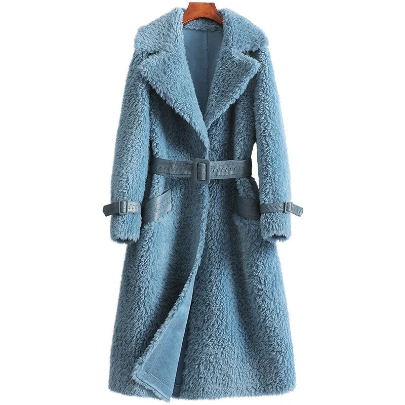 Women's 100% Wool Fur Grain Woven Lace-up Knitted Long Coats