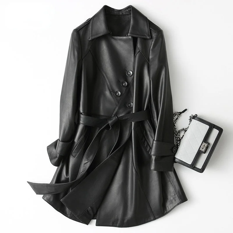 Women's Autumn Sheepskin Genuine Leather Motorcycle Long Jackets Boat Neck Shawl Collar Notched Collar