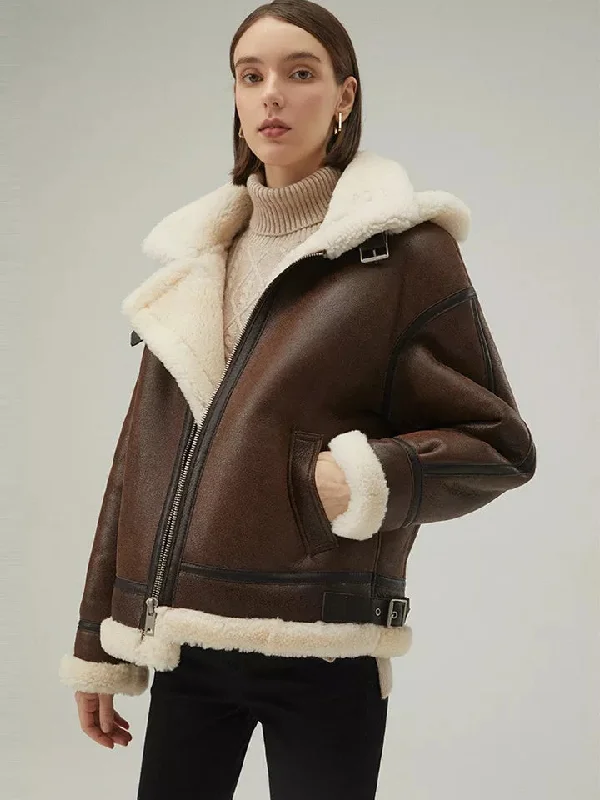 Women’s Chocolate Brown Leather Shearling Removable Hood Coat Belted Crossover Blazer