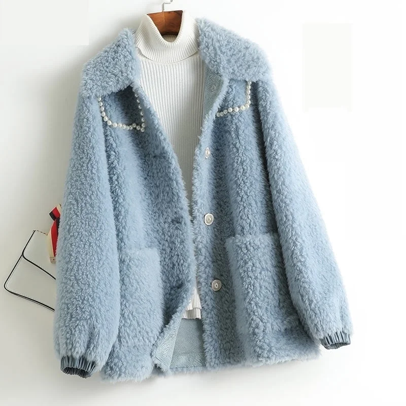 Women's Elegant 100% Wool Turn-down Collar Short Winter Fur Coat Knit Fabric Woven Fabric Fleece Fabric