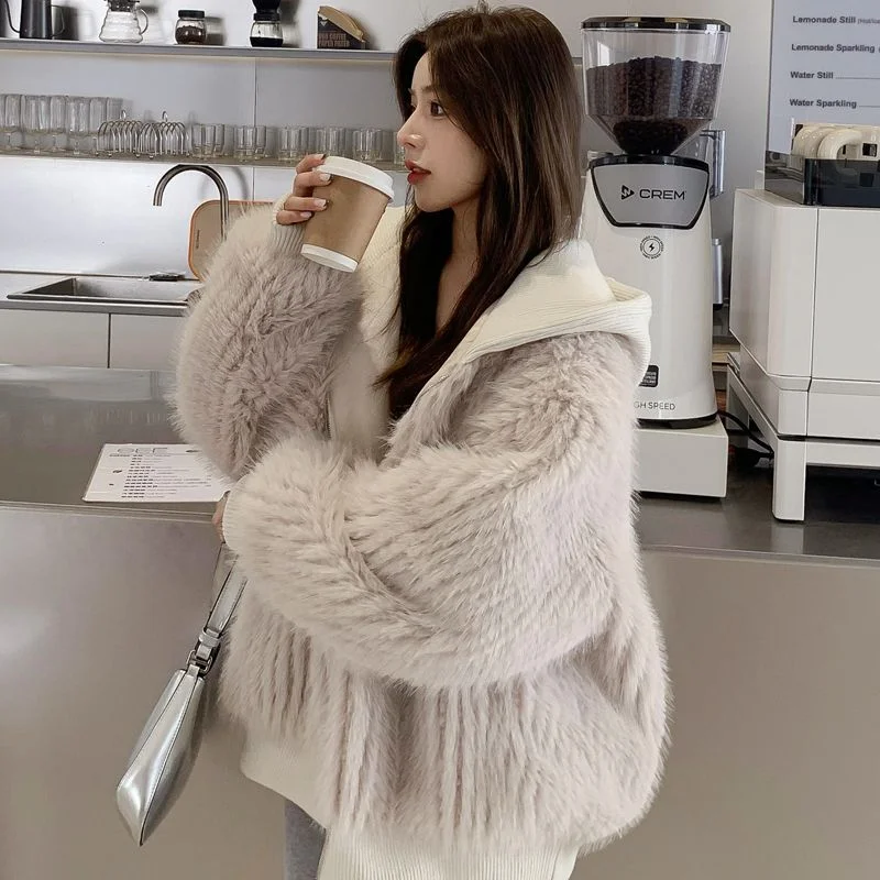 レディース モザイク ミンク フリース フード付きコート Puff Sleeve Overcoat
