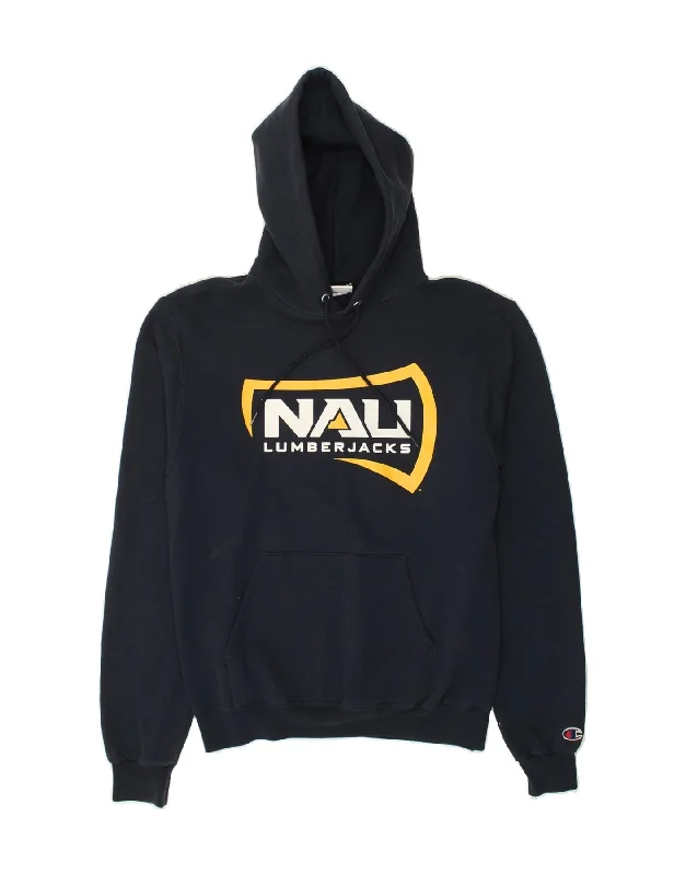 CHAMPION Mens Graphic Hoodie Jumper Small Black Cotton Hoodie with Hem Applique Textured Unique