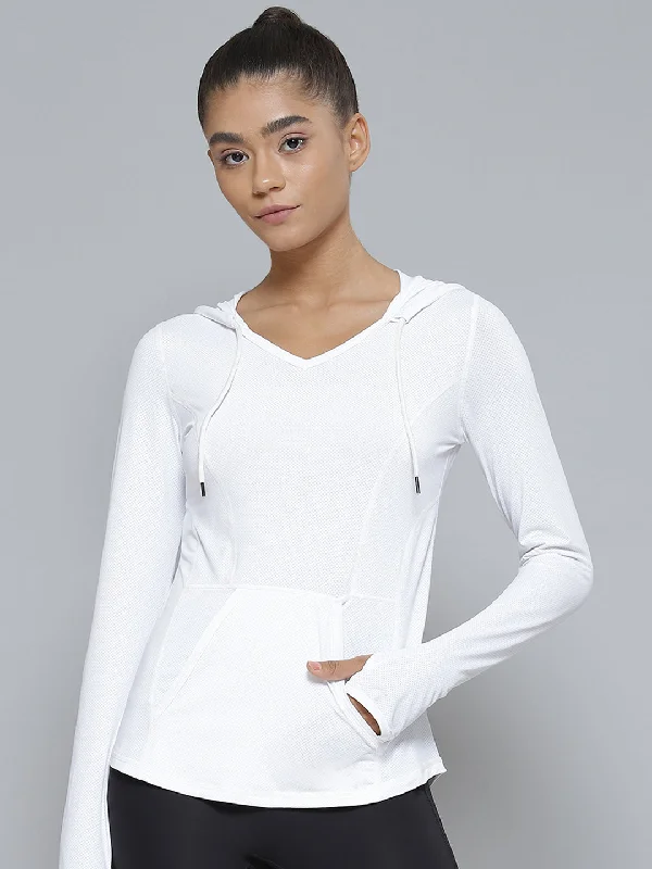 Fitkin Women White  Self Design Hooded Sports T-shirt Hoodie with Lining Warm Insulated
