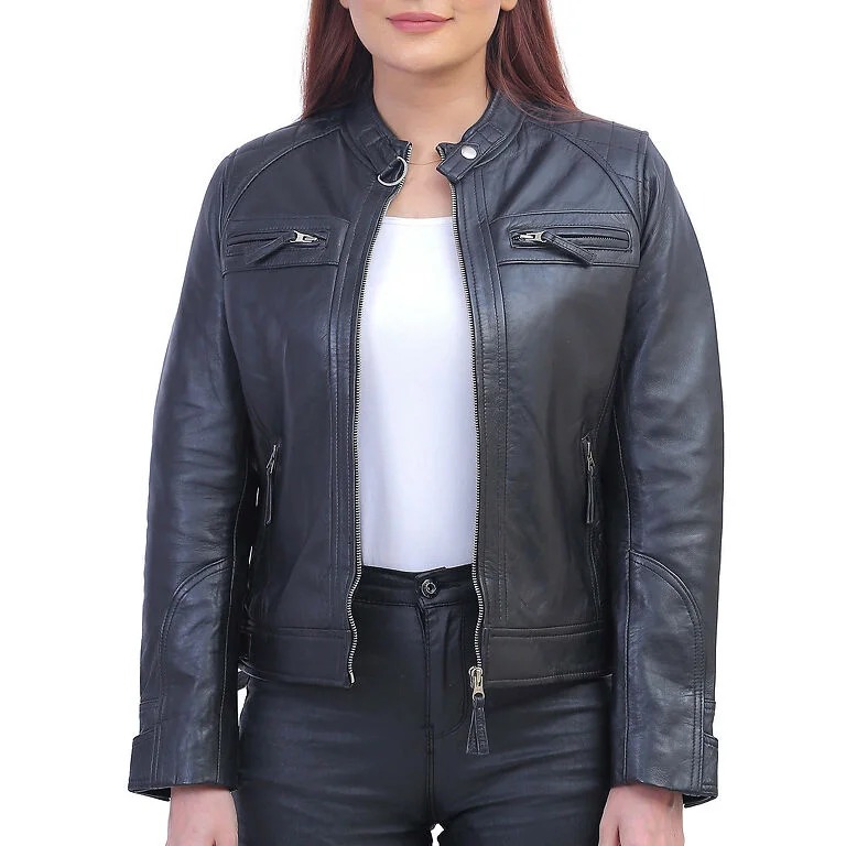 Callie Black Cafe Racer Leather Jacket Stretchy Knit Vest