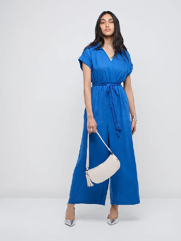 LOV Blue Solid Blended Linen Jumpsuit with Belt Women's Unique Blazer