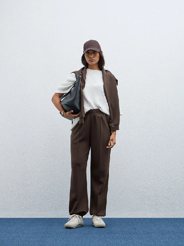LOV Dark Brown Seam-Detailed High-Rise Joggers Women's Luxurious Jacket