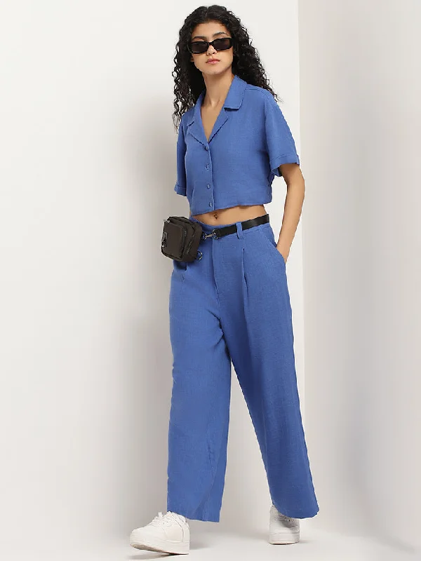 Nuon Blue Blended Linen Wide-Leg Pants Women's Business Blazer
