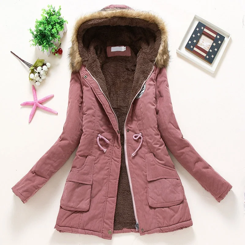 Overcoat Women Winter thick coat Warm Hooded Pockets Slim Faux Fur Parka Jacket Female Buttoned Longline Coat