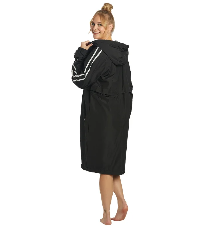 Sporti Striped Comfort Fleece-Lined Swim Parka Black Shell/Charcoal Lining Long Hooded Overcoat