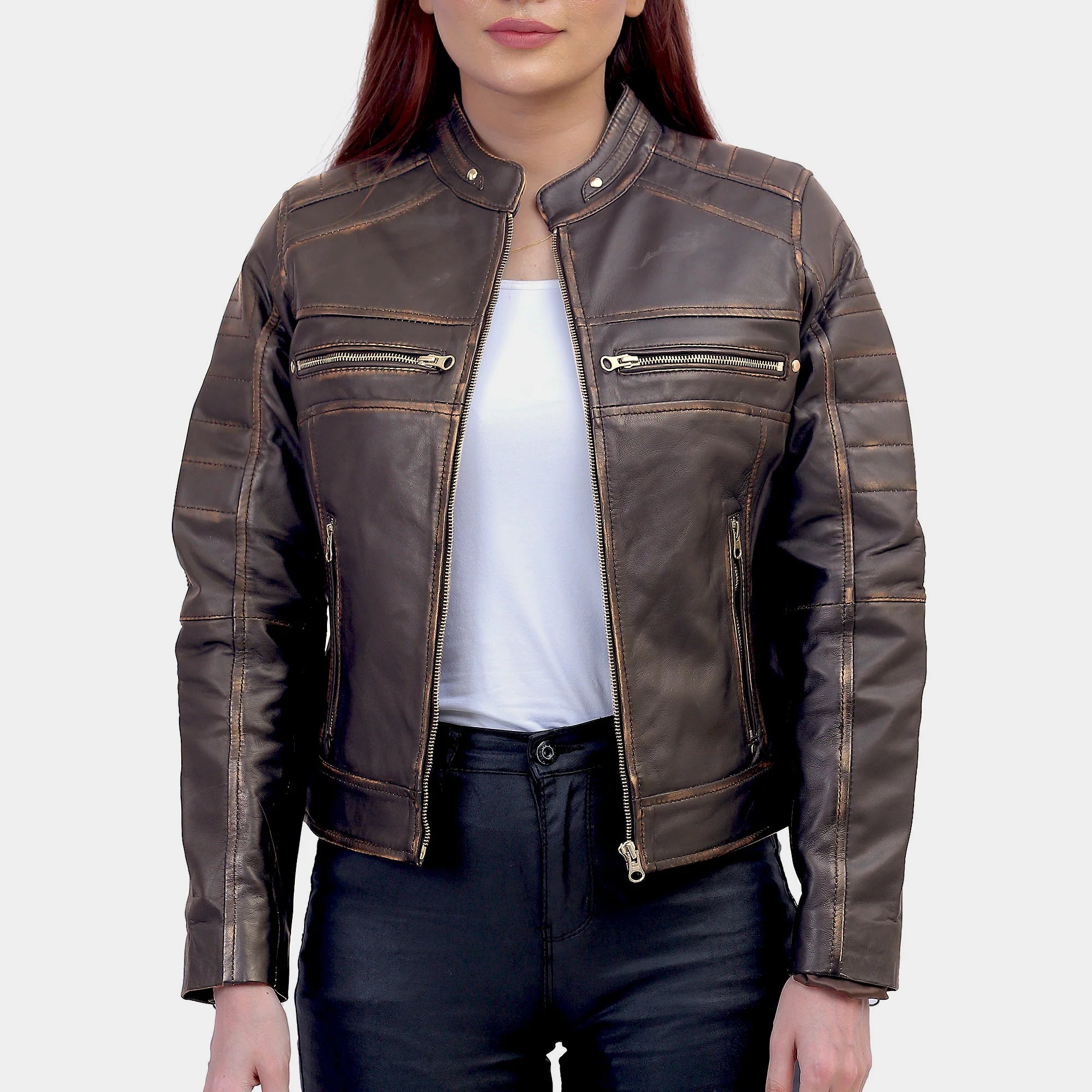 Women Slimfit Brown Cafe Racer Jacket Fitted Waistcoat Vest