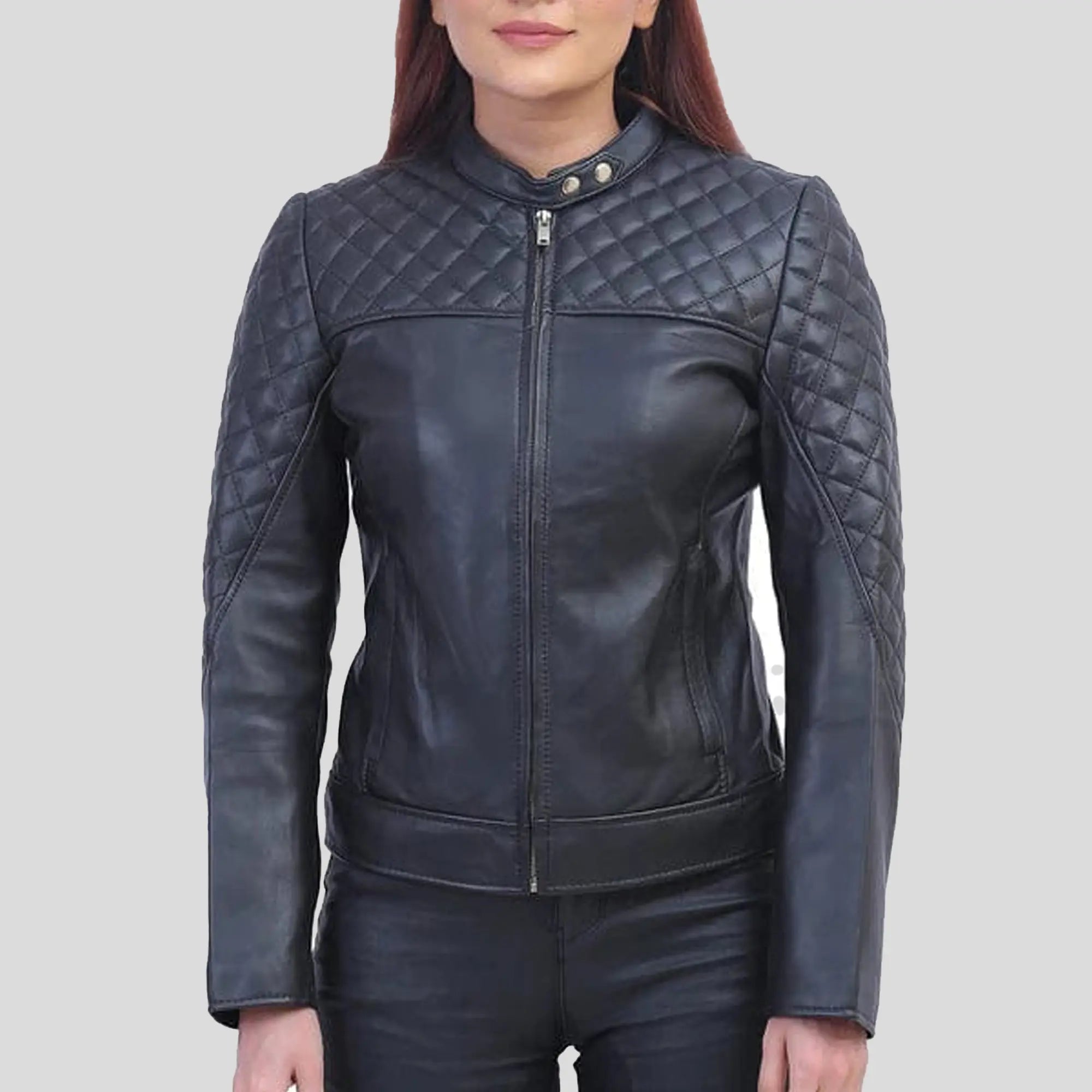Womens Black Quilted Cafe Racer Jacket Minimalist Long Vest