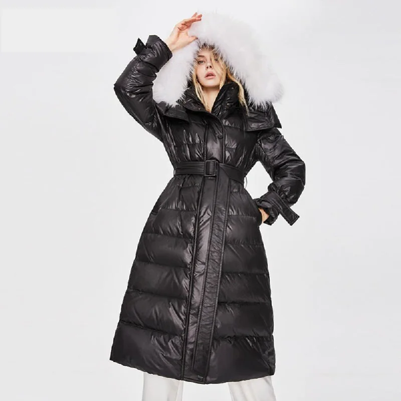 Womens Faux-Fur Hood Long Puffer Coat 900 Fill Down Jacket Black Hooded Sherpa Vest