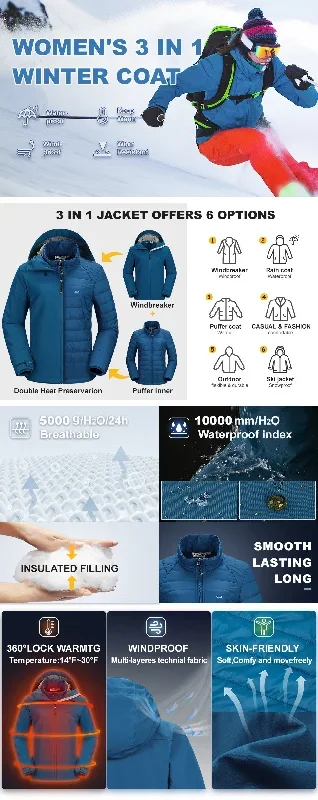 Women's Waterproof 3 in 1 ski Jacket Windproof Winter Snow Coat Ski Snowbaording Jackets Warm Raincoat