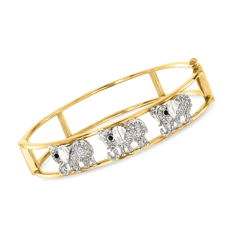 Unmissable Jewelry Sale – Shop Before It's Too Late Ross-Simons Diamond Elephant Bangle Bracelet With Black Enamel in 2-Tone Sterling Silver