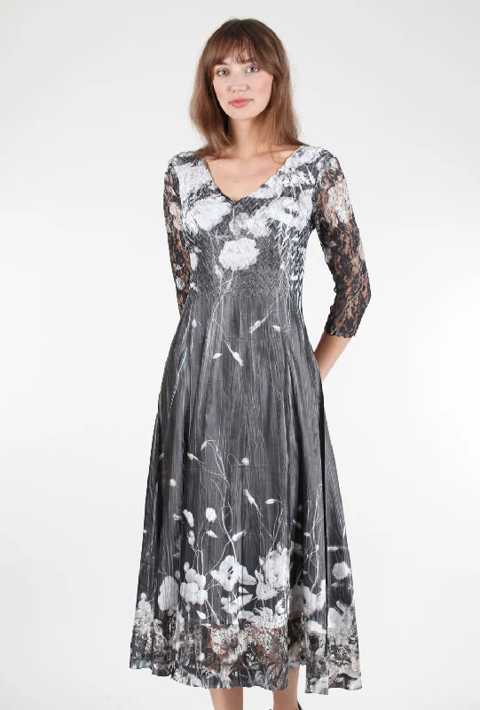 Lace Sleeve Charmeuse Dress, Black Opium