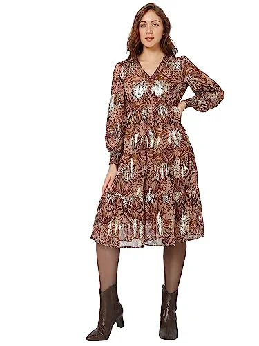 Vero Moda Women's Polyester A-Line Knee-Length Dress (Tobacco Brown)